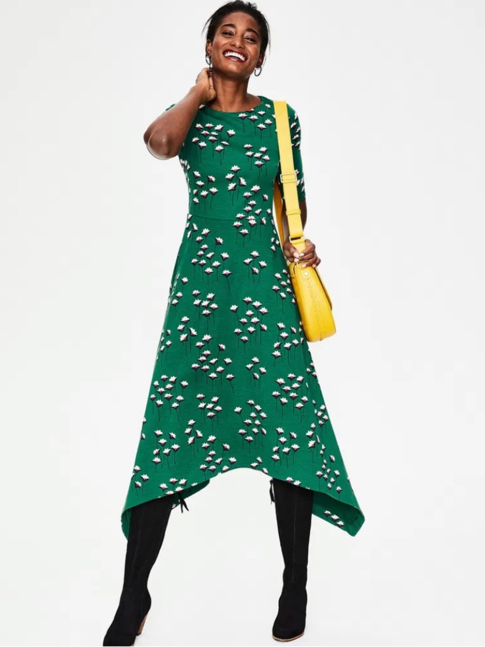 Boden Leonie Ponte Green Floral Midi Dress